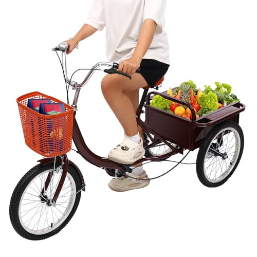 18'' Dreirad 3 Rad Fahrrad mit Korb Erwachsene Dreirad-Anfänger, 3 Räder mit Einkaufskorb Tricycle für Männer, Frauen, ältere Menschen (Rot) von NadineDutol