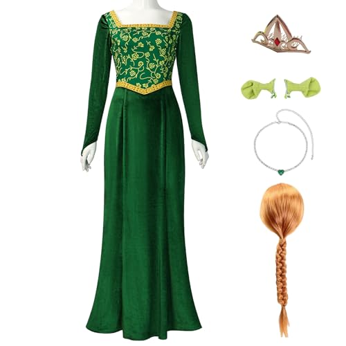 Nahzsai Prinzessinnen-Kostüm, grünes Samtkleid, Cosplay, Maxikleid, ausgefallenes Halloween-Kleid für Damen, Kleid, Perücke, Ohren und Krone, XL von Nahzsai