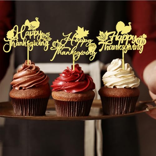 Naicaek Cupcake-Topper aus Acryl, "Happy Thanksgiving", Ahornblatt, Kürbis, Truthahn-Dekorationen für Geburtstagsparty, glückliche Freunde, Erntedankfest, Party, Herbst, Ernte, Dekoration, 12 Stück von Naicaek