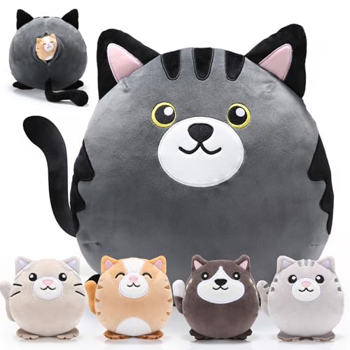 Namalu 5 Stück Plüschtiere Mama Katze und 4 Baby Kätzchen 30 cm Große Kuscheltier Mit Babys im Bauch Süße Schwarzes und Graues Kuschelkissen Geburtstag Valentinstag Rückkehr Geschenke von Namalu