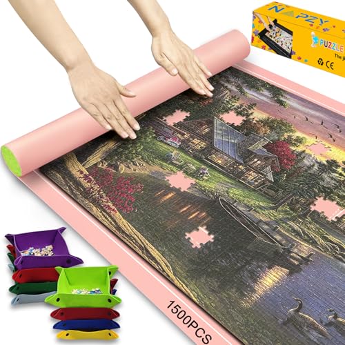 Napzy Puzzle-Organizer, 1500, 1000, 500 Stück, Puzzlematte, Rosa, mit Geschenkbox, rutschfestes Filz-Puzzle, matt, aufrollbares Puzzlebrett für Puzzle, mit 8 Puzzle-Tabletts von Napzy