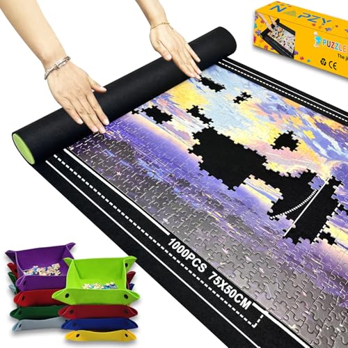 Napzy Puzzlematte mit farbiger Box, 8 Sortiertabletts für bis zu 1500 Puzzles, mattes Rollup, 115,8 x 66,8 cm, Puzzlehalter und Spar-Puzzle-Pad mit Aufbewahrungstasche für Puzzle-Liebhaber, Filz, von Napzy