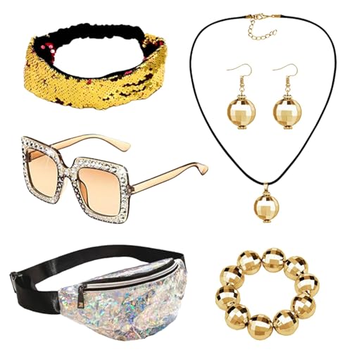 Disco Kostüm Set für Frauen der 70er Jahre, Disco Kugel-Ohrringe, Halskette und Armband, Discokugel, Ohrringe, Halskette, Armbänder, 6 Stück/Set Pailletten Stirnband Rock von Naqqios