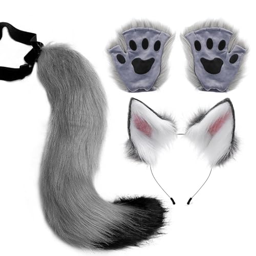 Naqqios Wolfskostüm – Schwanzohren-Set – realistisches Wolfskostüm | langer Fuchsschwanz Cosplay Kunstpelz, Fuchswolfschwanz-Set mit Ohrglocken Naqqios Wolfskostüm – Schwanzohren-Set – realistisches Wolfskostüm | langer Fuchsschwanz Cosplay Kunstpelz, Fuchswolfschwanz-Set mit Ohrglocken von Naqqios