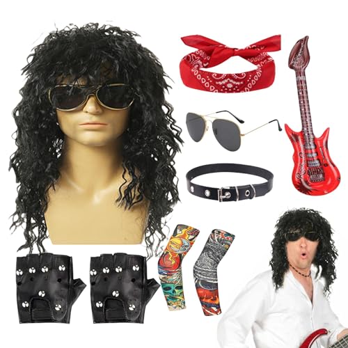 Rocker-Kostüm für Männer, 80er Jahre Rocker-Kostüm, 80er Jahre Halloween-Kostüm, Schwermetall-Schaukelkostüm, 9 Stück, Schädelperücken Rocker-Kostüm für Männer, 80er Jahre Rocker-Kostüm, 80er Jahre Halloween-Kostüm, Schwermetall-Schaukelkostüm, 9 Stück, Schädelperücken von Naqqios