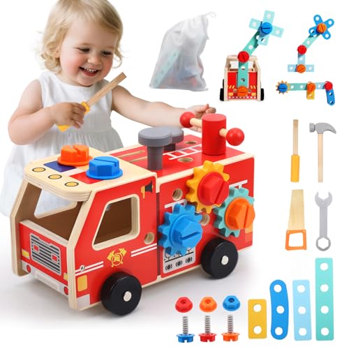 Kinderwerkzeug Werkzeugwagen, Werkzeugkoffer Kinder Montessori, Kinderwerkzeugkasten, Feuerwehr-Mutterwagen Holzspielzeug, Spielzeug ab 2 3 4 Jahre, Kinder Geschenk (Packung von 33) von Nastopee