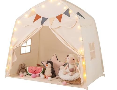 Kinderzelt mit Kissen, Spielzelt für drinnen und draußen, Kinderspielzelt für Mädchen und Jungen ab 3 Jahren, Spielzelt für Kleinkinder, mit Sternenlichtern und Flaggen von Nastopee