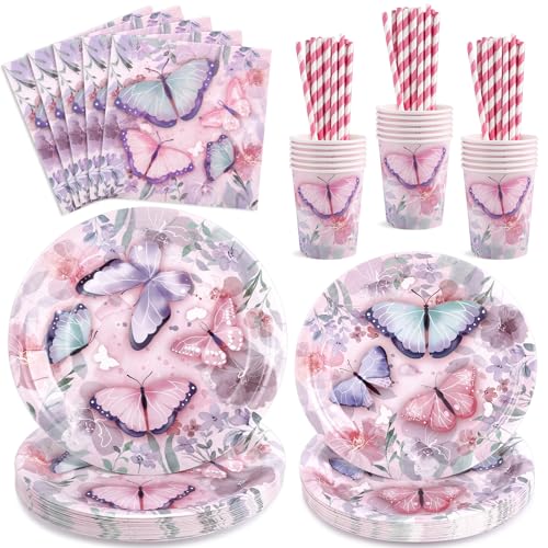 Schmetterling Partygeschirr Set für 20 Gäste, 100 Stück Schmetterling Geburtstag Deko für Mädchen Geburtstag Deko Kindergeburtstag Gehören Partyteller, Servietten, Pappbecher, Papierstrohhalme von NatNarr