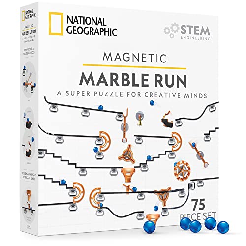 NATIONAL GEOGRAPHIC Magnetische Kugelbahn – 75-teiliges STEM-Bauset für Kinder & Erwachsene mit Magnetbahn & Trickstücken & Murmeln zum BAU eines Marmorlabyrinths auf jeder magnetischen Oberfläche von National Geographic