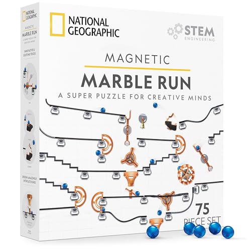 NATIONAL GEOGRAPHIC Magnetische Kugelbahn – 75-teiliges STEM-Bauset für Kinder & Erwachsene mit Magnetbahn & Trickstücken & Murmeln zum BAU eines Marmorlabyrinths auf jeder magnetischen Oberfläche von National Geographic