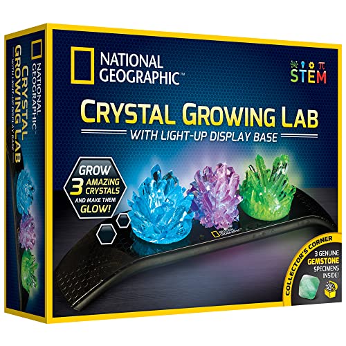 National Geographic Crystal Growing Kit – 3 Bunte Kristalle zum Wachsen mit beleuchtetem Ständer und Anleitung (evtl. Nicht in Deutscher Sprache), inklusive 3 echten Edelstein-Exemplaren, von National Geographic