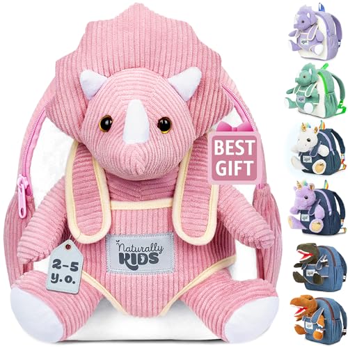 Naturally KIDS Triceratops Rucksack Kinder m Spielzeug ab 2 Jahre, Rucksack Kindergarten Mädchen, Geschenk Mädchen 3 Jahre, Rosa Dino Spielzeug von Naturally KIDS