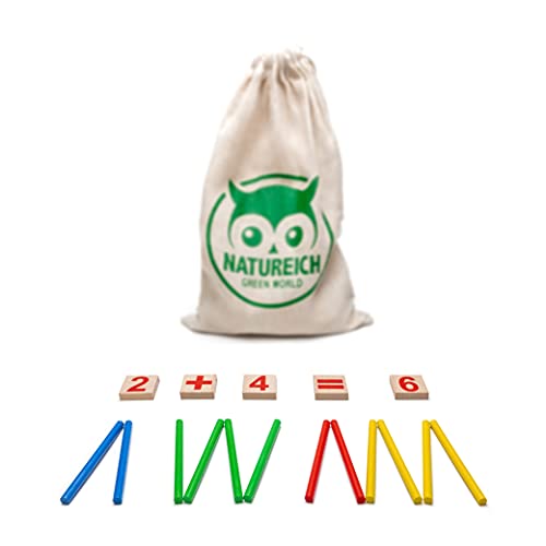 Natureich Mathematik Montessori Spielzeug aus Holz inkl. Stoffbeutel zum Aufbewahren Zahlen Lernen mit Rechen Stäbchen, Bunt/Natur ab 3 Jahre von Natureich