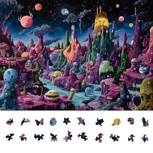 Naturelish Monster Planet Puzzle für Erwachsene, 1000 Teile, leuchtet im Dunkeln, schwierig, herausfordernd, einzigartiges Puzzle für Erwachsene, 6 Farben auf der Rückseite, Puzzle-Größe 26,6 x 19,2 von Naturelish