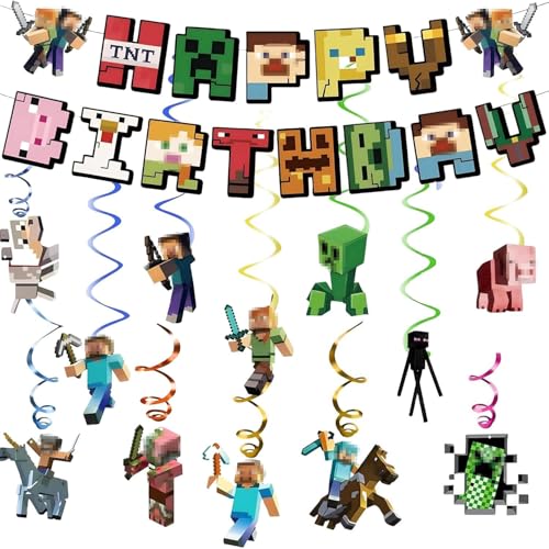 Pixel Geburtstagsdeko Jungen Theme, Pixel Geburtstag Banner, Miner Game Luftschlangen Hängende Wirbel, Geburtstag Deko Spiel Geburtstags Partyzubehör für Fans Kinder Jungen & Game Fan Gift，P-B von Natures Freefit