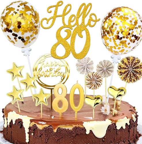 "20-teiliges Deko-Set für 80. Geburtstag – Goldene Tortenaufleger mit 'Happy 80th Birthday' – Glitzer-Dekoration für Kuchen inkl. Kerzen, Konfetti, Luftballons & Fächern – Für Frauen & Männer (Gold)" von Natures Freefit
