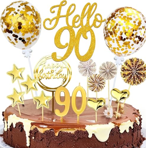 20-teiliges Deko-Set für 90. Geburtstag – Goldene Tortenaufleger mit 'Happy 90th Birthday' – Glitzer-Dekoration für Kuchen inkl. Kerzen, Konfetti, Luftballons & Fächern – Für Frauen & Männer (Gold) von Natures Freefit