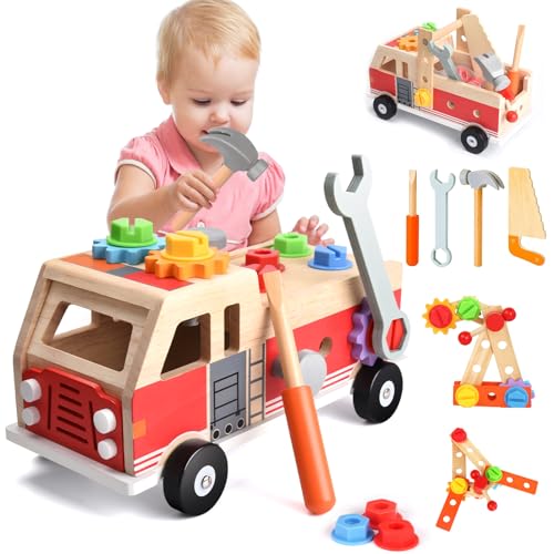 Nauotk Werkzeugkoffer Kinder Werkbank, Montessori Werkzeug Holzspielzeug ab 2 3 4 Jahre, Kinderwerkzeug Spielzeug Werkzeugwagen, Werkzeuggürtel Koffer Lernspiele Geschenk Junge Mädchen ab 3 Jahren von Nauotk