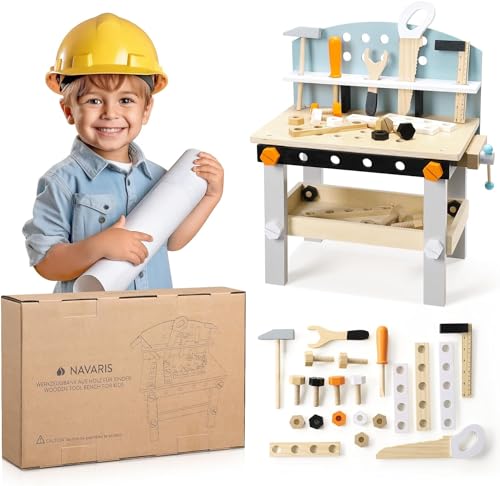 Navaris Holz Werkbank für Kinder - Werkzeugbank inklusive Werkzeug - Bunte Kinderwerkbank ab 18 Monate - Holzwerkzeug für Jungen und Mädchen von Navaris