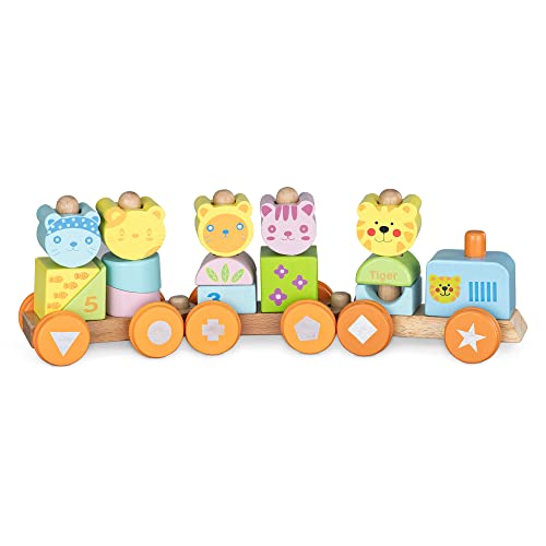 Navaris Holzzug für Kinder - Zug Holzspielzeug mit Tieren Zahlen - Deko Holzeisenbahn stapelbar - Stapelspielzeug für Jungen und Mädchen - 17 Teile von Navaris