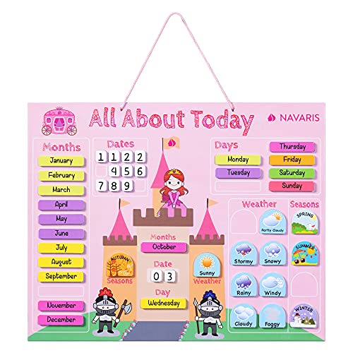 Navaris Kalender Tafel für Kinder - Lerntafel Jahreszeiten Uhr - Magnet Spiel Lernuhr - Kinderkalender Jahreskalender magnetisch - Prinzessin englisch von Navaris