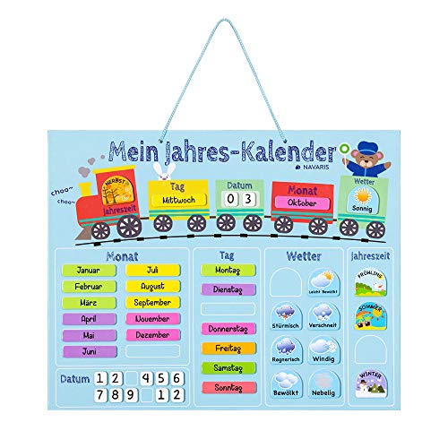 Navaris Kalender Tafel für Kinder - Lerntafel Jahreszeiten Uhr - Magnet Spiel Lernuhr - Kinderkalender Jahreskalender - magnetisch - blau - deutsch von Navaris
