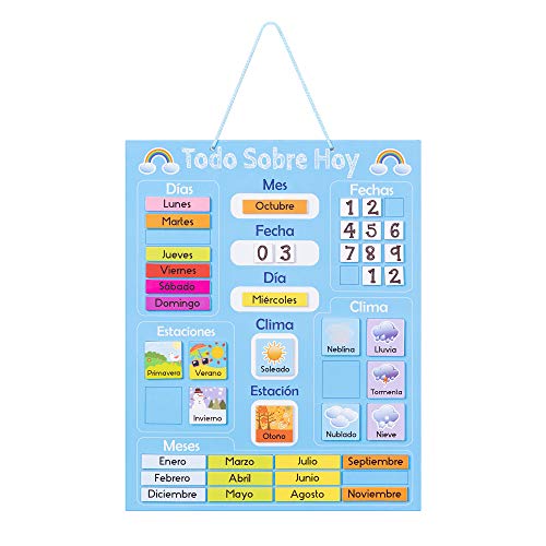 Navaris Kalender Tafel für Kinder - Lerntafel Jahreszeiten Uhr - Magnet Spiel Lernuhr - Kinderkalender Jahreskalender - magnetisch - blau - spanisch von Navaris