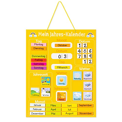 Navaris Kalender Tafel für Kinder - Lerntafel Jahreszeiten Uhr - Magnet Spiel Lernuhr - Kinderkalender Jahreskalender - magnetisch - gelb - deutsch von Navaris