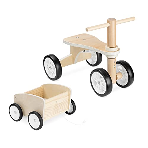 Navaris Lauflernrad aus Holz mit Anhänger - Laufrad für Kinder ab 18 Monate - Rutschauto Holzlaufrad Rutscher - 4 Räder Baby Fahrrad Rutschfahrzeug von Navaris
