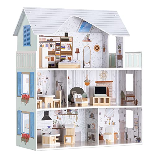 Navaris Puppenhaus aus Holz - inkl. 11x Möbel 4X Zubehör - für Kinder ab 3 Jahren - Spielzeug Puppenstube 3 Etagen 69,5 x 62 x 27 cm von Navaris
