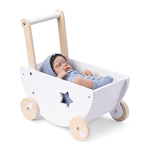 Navaris Puppenwagen aus Holz in Weiß - Kinder Baby Puppen Wagen Lauflernwagen - für Mädchen und Jungen - ab 18 Monate - Holzpuppenwagen mit Bettzeug von Navaris