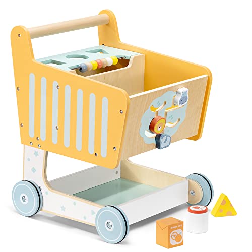 Navaris Spielzeug Einkaufswagen aus Holz - Kinder Lauflernwagen - für Mädchen und Jungen - ab 12 Monate - Kaufmannsladen Zubehör - Activity Center - bunt von Navaris
