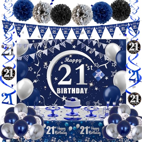 Dekoration zum 21. Geburtstag für Sie und Ihn, Banner zum 21. Geburtstag, Blau und Silber, Happy 21 Bday Dekorationen für Männer, Banner, Tischdecke, Dreiecksflagge, 21 Jahre altes Dekoration zum 21. Geburtstag für Sie und Ihn, Banner zum 21. Geburtstag, Blau und Silber, Happy 21 Bday Dekorationen für Männer, Banner, Tischdecke, Dreiecksflagge, 21 Jahre altes von Navdrivl