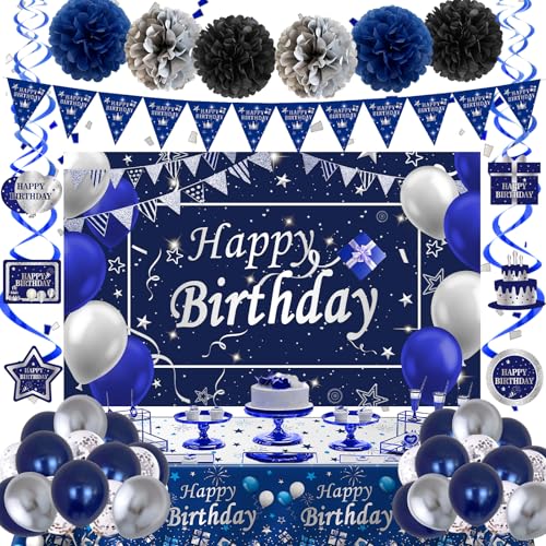 Geburtstagsdekorationen für Männer, Jungen, Frauen, Mädchen, Marineblau und Silber, Happy Birthday Hintergrund, Banner, Geburtstagsdekoration, Blau mit Luftballons, Dreiecksflaggen, Tischdecke, Herren von Navdrivl