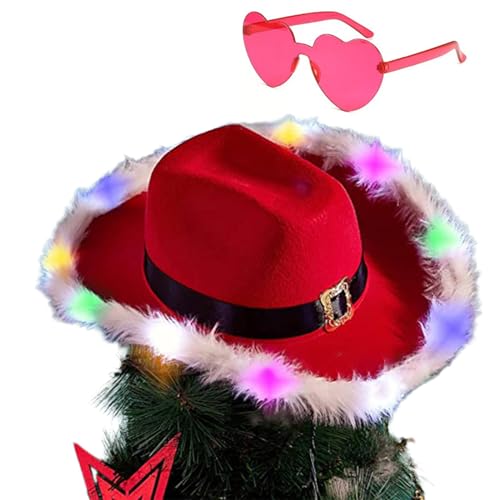 Modische Cowboyhüte mit LED, leuchtende Weihnachtsmannmütze, Western-Cowgirl-Kappe, Damen, Mädchen, Cosplay, Neujahr, Party, Dekoration, Weihnachtsmütze von Navna