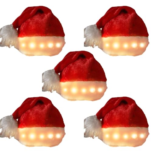 Navna LED-Weihnachtsmütze, Weihnachtsmannmütze, Plüsch-Schirmmütze mit Lichtern, Kopfbedeckung für Feiertage, Partys und als Geschenk, Weihnachtsmütze mit Lichtern, 5 Stück von Navna