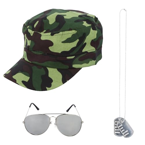 Navoys 3-teiliges Armee-Zubehör-Set für Erwachsene, Camouflage-Mütze, Piloten-Sonnenbrille und Erkennungsmarken, Militär-Soldaten-Kostüm oder Themen-Events, Cosplay, Verkleidung, Halloween-Kostüm von Navoys
