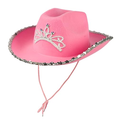Pinker Cowgirl-Hut mit silbernem Diadem und Glitzer-Konfetti-Rand, breite Krempe, Cowboyhut für Mädchen, Festivals, Junggesellinnenabschiede, Konzerte, Junggesellinnenabschied, Wilder Westen von Navoys