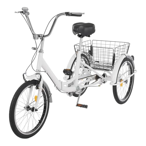 20 Zoll Dreirad-Fahrrad, Klapp-Dreirad für Erwachsene, 3-Rad-Fahrrad mit Korb, für Picknick, Einkaufen, Outdoor-Aktivitäten (Weiß) von Naxidf