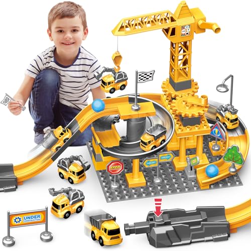 BAU-Spielzeug für 3 4 5 6 7 Jahre alte Jungen: Konstruktionsspielzeug Set Bauklotz Auto-Spielzeug für Kleinkinder - Kran-LKWs, Digger Spielzeugs Geschenke für 3 4 5 6 7 Jahre alt Jungen Mädchen von Naxudcoo