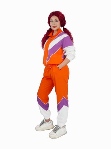Naywig 80er 90er Jahre Trainingsanzug für Damen, Retro-Sportbekleidung, Outfit, Morgendämmerung, Kostüm-Set, Halloween, Cosplay, für Frauen und Mädchen, Orange/Abendrot im Zickzackmuster (Sunset von Naywig