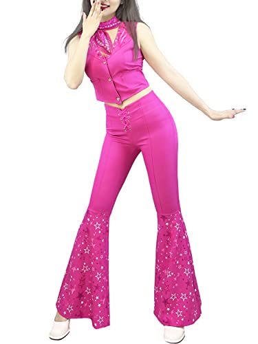 Naywig Cowgirl-Outfit 70er 80er Hippie Disco Kostüm Rosa Schlaghose Halloween Cosplay für Damen Mädchen, Pink, Women-Small von Naywig