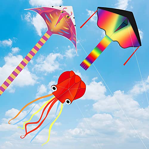 3 Pack Kites-Large Rainbow Delta Kite Devil Fish Kite Red Mollusc Oktopus mit langem farbenfrohen Schwanz für Kinder Erwachsene Outdoor-Spiel Aktivitäten von Nazano