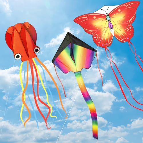 Nazano 3Stk Kinder Drachen,Große Schmetterlingsdrachen, Bunt Delta Flugdrachen und Rote Oktopus Winddrachen mit Drachenschnur für Mädchen Jungen ab 3 Jahre von Nazano