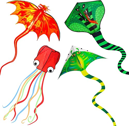 Nazano 4er-Pack Kites-Large Fire Dragon Kite Green Snake Kite Devil Fish Kite Red Mollusc Octopus mit langem Buntem Schwanz für Kinder Erwachsene Outdoor-Spielaktivitäten von Nazano
