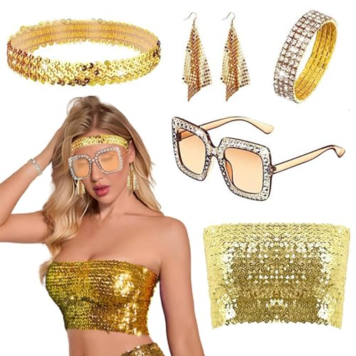 Nbhuiakl Damen Disco Disco 70er Jahre Vintage Pailletten Kostüm | 5 Stück Glitzer Kostüm für Festival Feier Bühne Nbhuiakl Damen Disco Disco 70er Jahre Vintage Pailletten Kostüm | 5 Stück Glitzer Kostüm für Festival Feier Bühne von Nbhuiakl