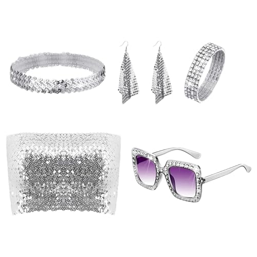 Nbhuiakl Pailletten Disco Kostüm Disco Kostüm für Damen - Vintage Pailletten Kostüm | 5-teiliges Glitzer Kostüm mit Röhrenoberteil, Ohrringe, Sonnenbrille, br Nbhuiakl Pailletten Disco Kostüm Disco Kostüm für Damen - Vintage Pailletten Kostüm | 5-teiliges Glitzer Kostüm mit Röhrenoberteil, Ohrringe, Sonnenbrille, br von Nbhuiakl