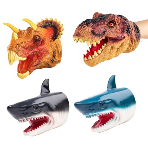 Nchdewui 4 Stück Tier Handpuppen Spielzeug, Dinosaurier/Hai Handpuppen, Handschuhe Aus Weichem Gummi, Simuliertes Tiermodell, Spielzeug für Jungen Und Mädchen von Nchdewui