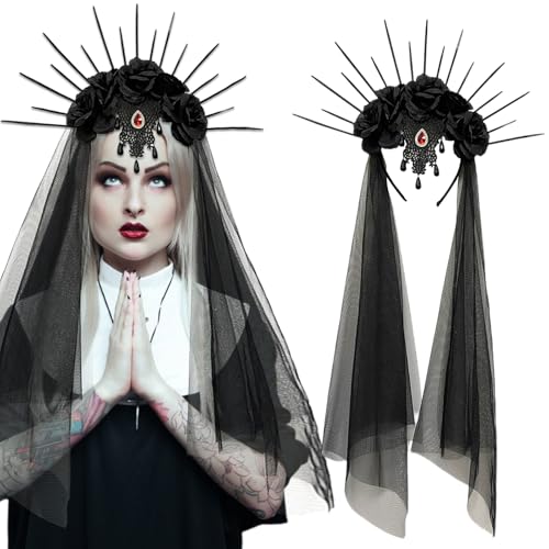 Schwarze Rose Göttin Heiligenschein Krone Stirnband mit Schleier Gothic Quaste Heiligenschein Blume Krone Haarreifen Tag der Toten Haarband Königin Kopfschmuck Halloween Haarschmuck für Karneval Schwarze Rose Göttin Heiligenschein Krone Stirnband mit Schleier Gothic Quaste Heiligenschein Blume Krone Haarreifen Tag der Toten Haarband Königin Kopfschmuck Halloween Haarschmuck für Karneval von Ncozwo