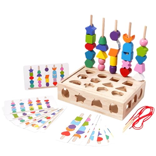 Neamou Schnürperlen,Schnürperlen für Kleinkinder | Holzperlen-Montessori-Spiel - Lehrmittel, Montessori-Spaß-Perlensortierspiel zur Farbanpassung und Formerkennung von Neamou